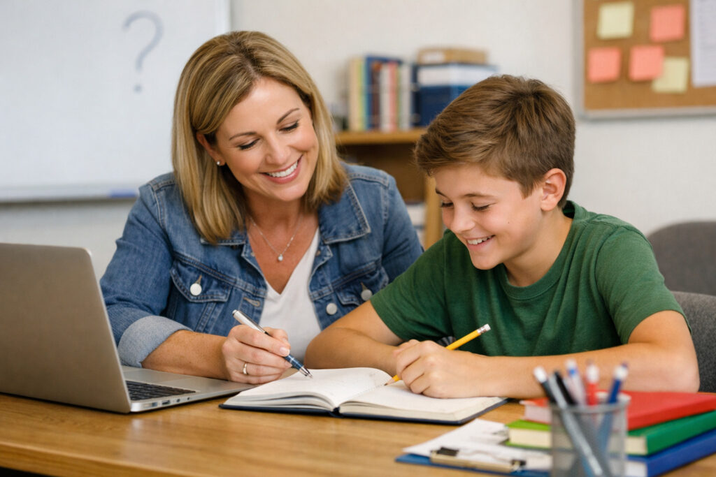 A smiling female teacher in a denim jacket helps a young boy with his schoolwork at a wooden desk.
