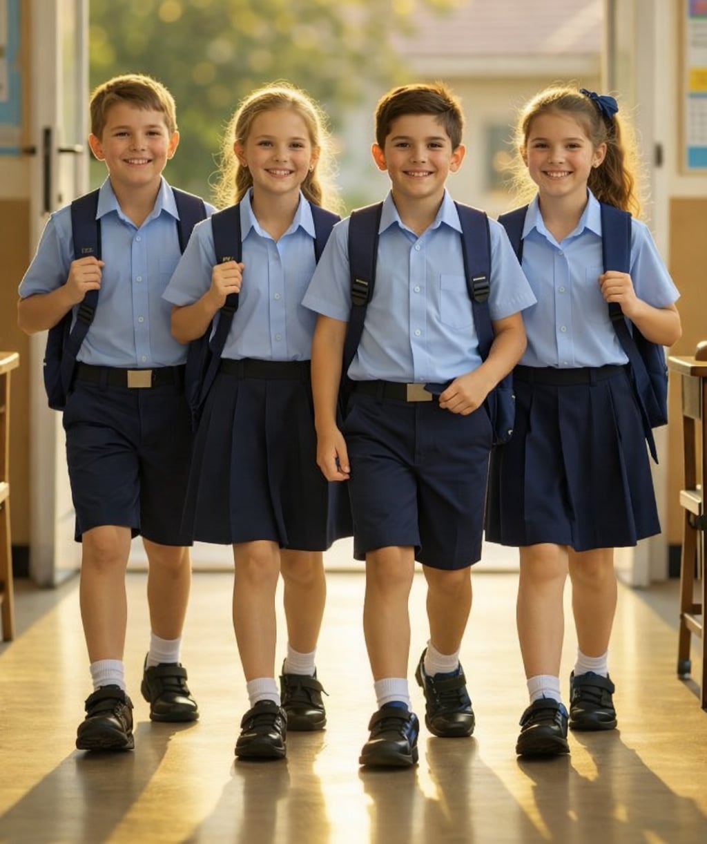 Four smiling young students wearing matching blue school uniforms and backpacks walk side-by-side down a sunlit school hallway.
